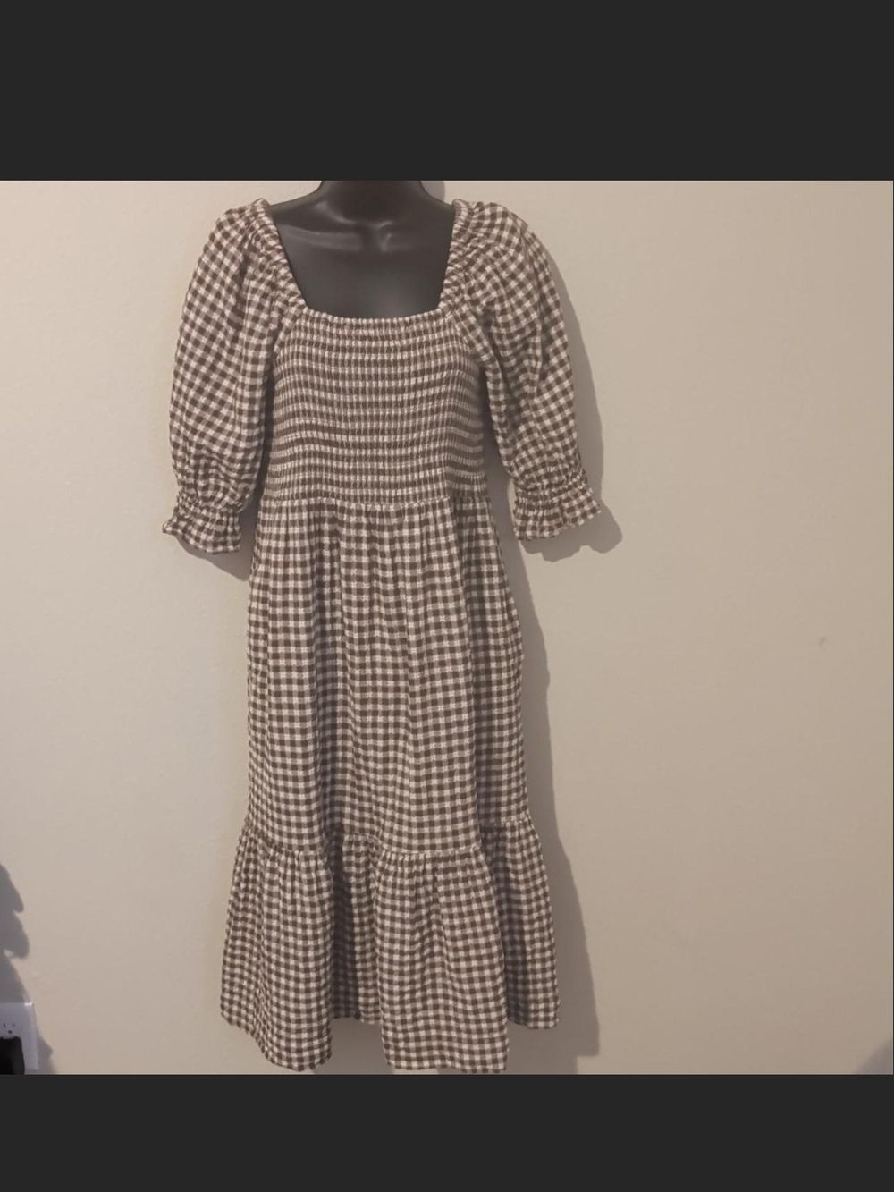 Madewell Brown and White Gingham Smocked Midi Dress Size Small